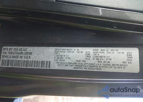 2024 Jeep Gladiator Texas Trail z USA, uszkodzony, nr VIN 1C6HJTAG4RL128760